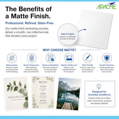 Apache Letter Size Matte Laminating Pouches, 5 Mil, 15 Pack, Holds 8.5 x 11 Inch Projects (9x11.5" Pouch Size), Thermal Laminator Laminating Sheets, Clear, Round Corners, Elite Specialty Line - size: LETTER Matte 5mil 15 Pack Elite Specialty