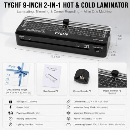 9 Inch Laminating Machine with 30 Sheets, A4 A5 A6 Thermal Cold Laminator - color: Black