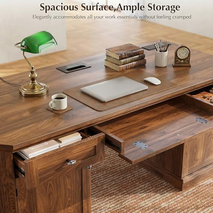 59" Classic Executive Desk with Storage, Victorian Executive Desk with Charging Station, Keyboard Tray, 3 Drawers & 2 Cabinet Storage & 2 Pedestals, Easy Assembly, Dark Walnut - color: Dark Walnut