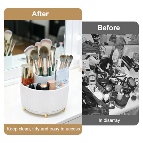 Makeup Brushes Holder Organizer,360° Rotating Cosmetic display cases with 5 compartment Cosmetic and Skincare Organizers,Multi-Purpose Makeup Brush Holder for Bathroom Vanity Desktop Decor