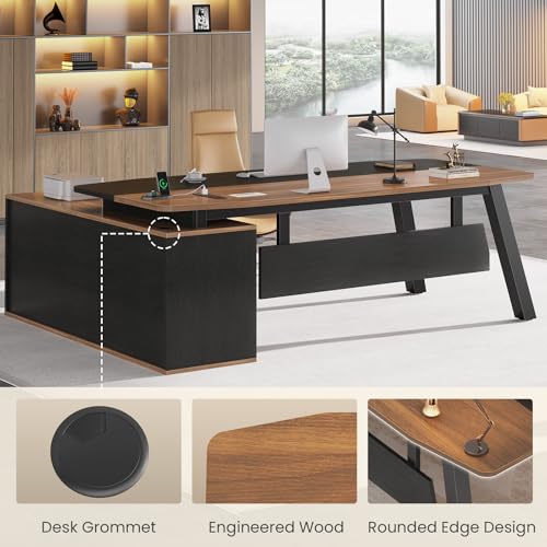 SEDETA 71" L Shaped Executive Desk with File Cabinet & Power Outlet | Computer Desk with 3 Storage Drawers, Adjustable Shelves, CPU Stand, Privacy Baffle, Modern Desk for Home Office, Walnut - color: Walnut