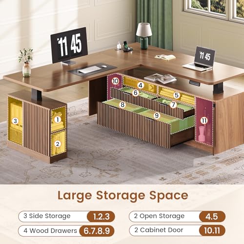 SEDETA L Shaped Electric Standing Desk, 69" x 55" Height Adjustable Office Executive Desk with 4 Drawers and Storage Shelves, Fluted Sit Stand Computer Desk with Power Outlet, Brown - color: Brown