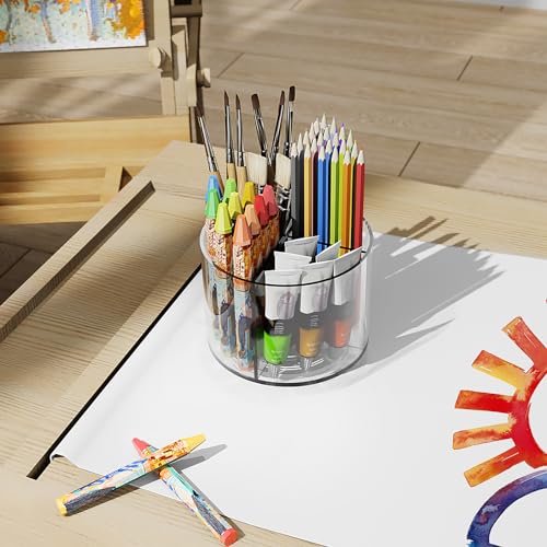 Mefirt Acrylic Pen Holder, 360 Degree Marker Organizer for Desk, Rotating Desk Storage With 4 Compartments, Art Supply Crayon Holder for Office School Home, Clear - style: Clear-Medium