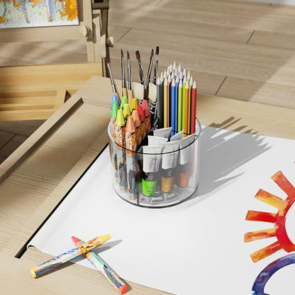 Mefirt Acrylic Pen Holder, 360 Degree Marker Organizer for Desk, Rotating Desk Storage With 4 Compartments, Art Supply Crayon Holder for Office School Home, Clear - style: Clear-Medium
