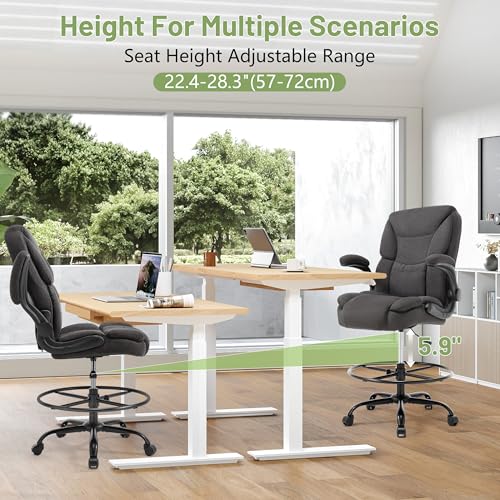 500LBS Drafting Chair, High Back Safer Standing Desk Chair, Executive Tall Office Chair with Flip-up Armrests, Upholstered Fabric Task Chair, Ergonomic Seat with Adjustable Height&Foot Ring, Dark Gray - color: Dark Gray