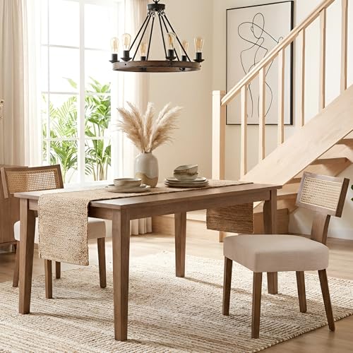 HNY Mid Century Modern Rattan Dining Chairs Set of 2, Linen Upholstered Kitchen & Dining Room Chairs with Ergonomic Curved Back, Solid Wood Frame, Farmhouse Accent Chairs for Home, Apartment, Beige - color: Beige Rattan