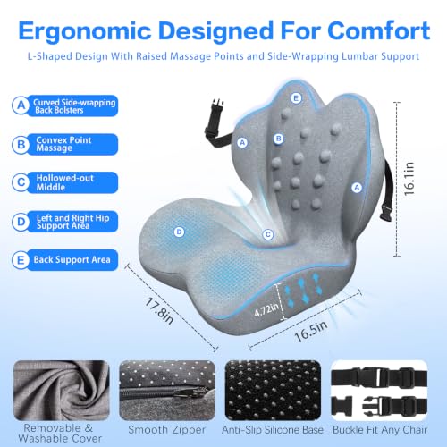 Memory Foam Seat Cushion with Lumbar Support for Sciatica & Tailbone Pain Relief, Fit Office Chair, Wheelchair, Car Seat, Airplane, Long Sitting Workers & Drivers (Gray) - color: Gray