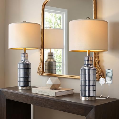 USumkky 25" Modern 3-Way Dimmable Touch Control with USB A+C Ceramic Lamps Set of 2 Table Lamp for Living Room Bedroom Farmhouse Nightstand Bedside Blue - color: Dark Blue