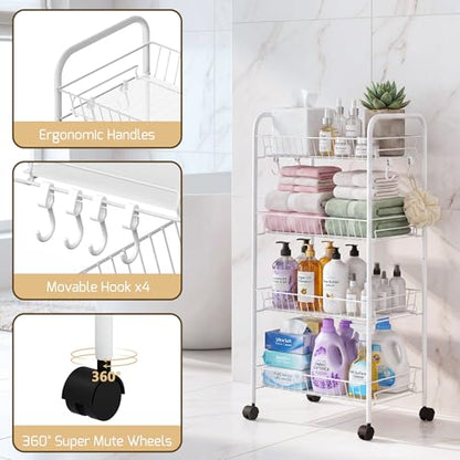 PLKOW 4-Tier Rolling Utility Cart with Detachable Baskets, White - color: White