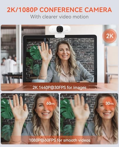 NUROUM V15AF 2K Webcam for PC, 1080p 60FPS AutoFocus Web Camera with Microphone, Privacy Cover and Mute, 75°FOV Dual Microphone USB FHD Computer Camera, Plug and Play for Zoom/Skype/Teams, White - style: V15AF-White
