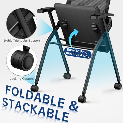 Folding Office Chair with Wheels & Cushion, Stackable Chair with Breathable Mesh Back for Conference Guest Reception, Seminar Training Classroom - color: Folding Chair With Wheels
