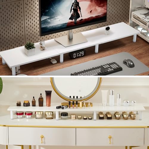 La Jaco 47 Inch Extra-Long Dual Monitor Stand Riser for 2 Monitors, Desk Shelf TV Riser Blocks, Wood and Steel Desktop Riser for Computer, Laptop, Printer, Home Office Organization, White