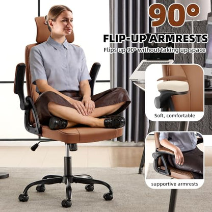 Leather Office Chair,Executive Ergonomic Desk Chair for Home Office, Brown - color: Brown