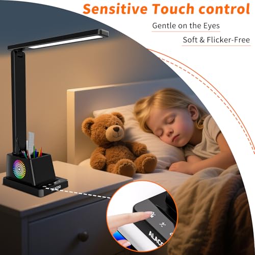 Study Desk Lamp for Office Home, Eye-Caring Desk Light with USB Port & RGB Phone Holder, 3 Color×4 Brightness, Adjustable Arm, Touch-Control Lamp for Kids/Reading (Black)