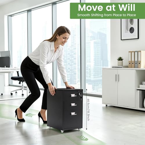 3-Drawer Metal Vertical File Cabinet, Narrow Mobile File Cabinet with Lock and 2 Keys, Under Desk Storage Drawer for Study Home-11 * 16 * 18.3in (Black) - color: Black