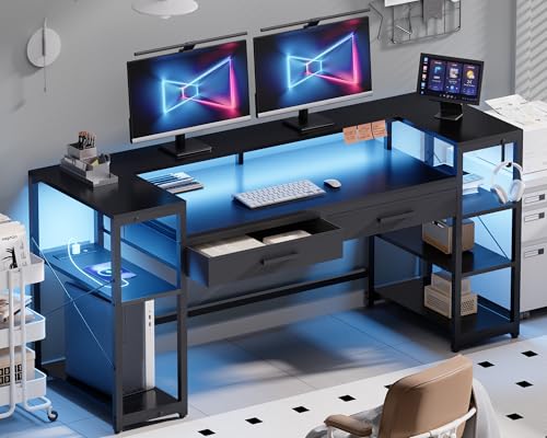 Pamray 58 Inch Gaming Computer Desk with Monitor Stand Drawers and Shelves | Ample Storage， Large Table with LED Lights & Power Outlets & USB Ports, Sturdy, Suitable for Gaming Home Office Work Study - color: Black