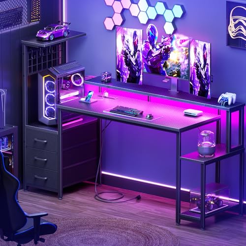 Korfile 55" Gaming Desk with Power Outlet, LED, Carbon Fiber Black Finish - size: 55 Inches