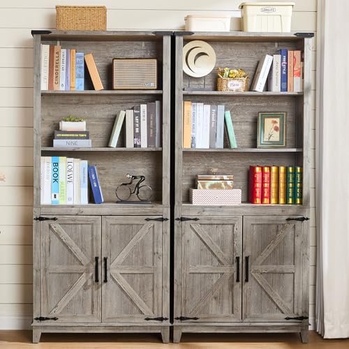 Joaxswe 70in Tall Bookshelf 5 Tier Bookcase with Barn Doors and Adjustable Shelves, Grey Farmhouse Book Shelf with Storage Cabinet, Wood Freestanding Display Bookshelves for Bedroom, Kitchen (2 PCS) - color: Grey, size: 2 Piece
