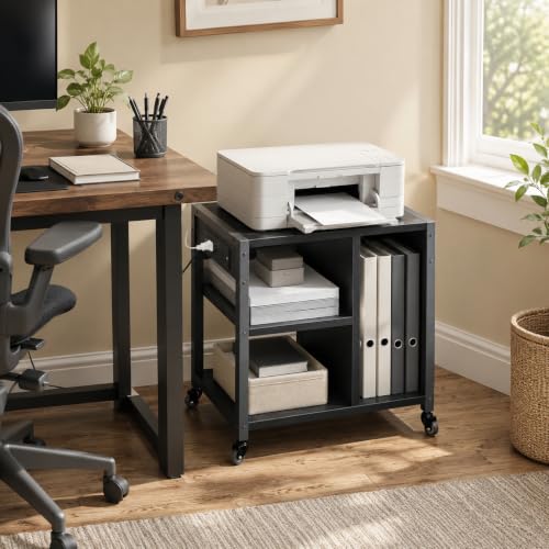 Garvee 3-Tier Printer Stand, Rolling Under Desk Printer Cart with Lockable Wheels, Industrial Mobile Printer Table with Power Outlets, USB Ports & Paper Storage Shelf for Home, Office, Retro Black - color: Retro Black