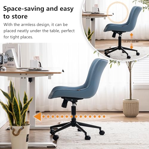 YOUNIKE Office Desk Chair with Wheels Armless Vanity Chair Modern Blue | Faux Leather Upholstered with Rocking Back, Swivel Height Adjustable Small Cute Computer Rolling Task Chair Ergonomic 300lb - color: Blue, size: Base Black