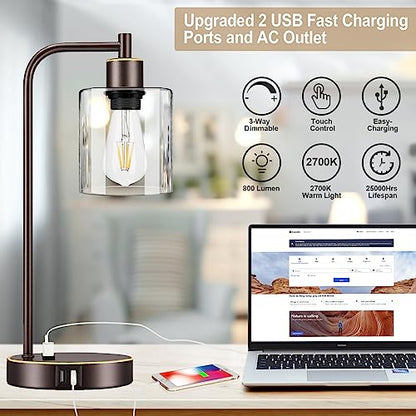 Industrial Touch Table Lamps Set of 2 - Bedside Lamps with 2 USB Ports & AC Outlet, 3-Way Dimmable Nightstand Desk Lamp for Bedroom Living Room, Glass Shade & 2 LED Bulbs Included - Oil-Rubbed Bronze - color: Oil-Rubbed Bronze with Gold Edge