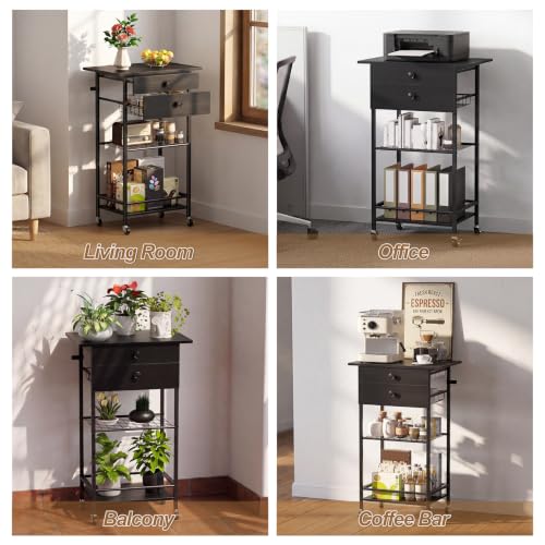 Rolling Coffee Cart,5-Tier Coffee Bar Cart with Pod Drawer Holder & Wire Storage Basket,33.6" H Small Coffee Station Cabinet with Storage,for Living Room,Dining Room,Home Office,Black - color: Black