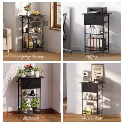 Rolling Coffee Cart,5-Tier Coffee Bar Cart with Pod Drawer Holder & Wire Storage Basket,33.6" H Small Coffee Station Cabinet with Storage,for Living Room,Dining Room,Home Office,Black - color: Black