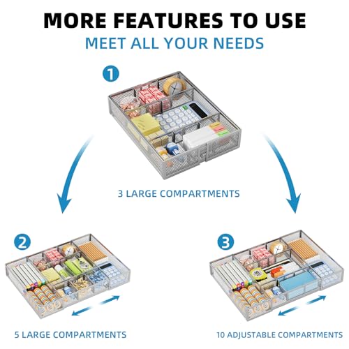 Marbrasse Expandable Desk Drawer Organizer, Mesh Tray with 10 Adjustable Compartments, Desk Organizers for Office Supplies, Makeup & Vanity (Expandable-Silver) - color: Expandable-Silver