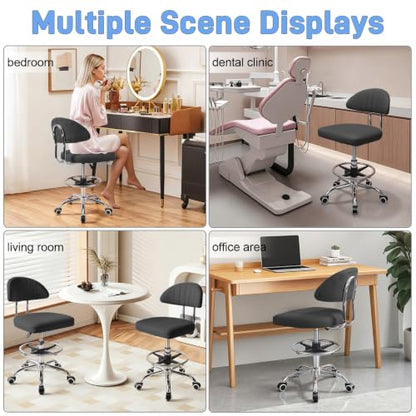 Height Adjustable Drafting Chair for Home Office Studio, 360 Swivel Rolling Computer Stool with Backrest and Footrest, Ergonomic Metal Task Seating, 220lbs Capacity, Black Black