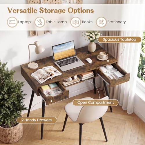 GIANTEX Mid Century Modern Computer Desk with Drawers, 42.5" Writing Desk with Open Storage Cubby, Vanity Table with Metal Leg, Compact Wooden Study Table for Small Spaces Home Office (Rustic Brown) - color: Rustic Brown
