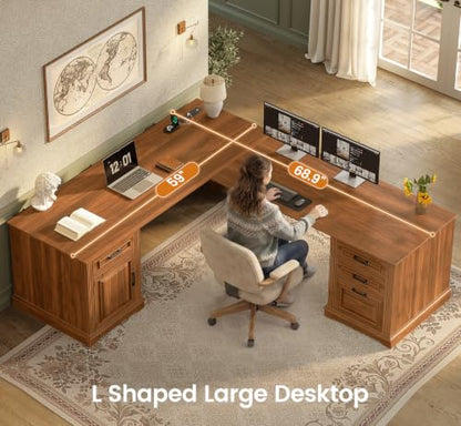 SEDETA 69" L Shaped Computer Desk with 4 Drawers, Storage Cabinet - color: Brown, size: L Shaped Desk