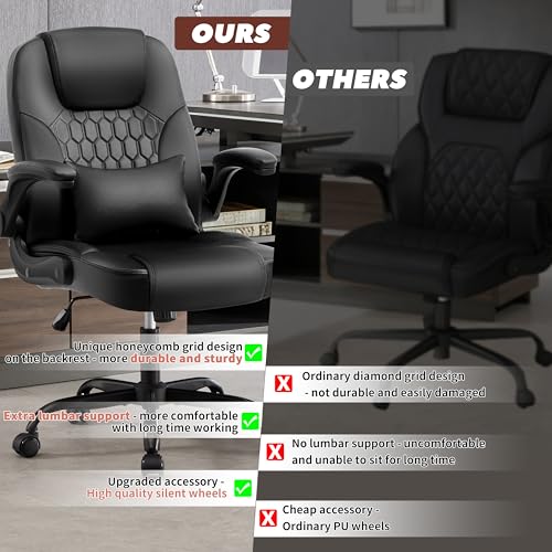 Leather Office Chair Swivel Lumbar Support for Short People Black - color: Black