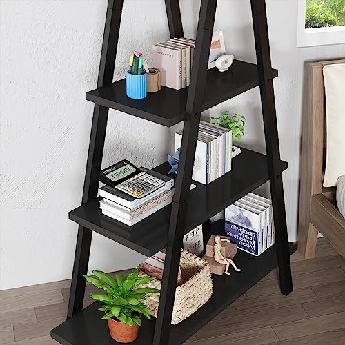 Recaceik 4-Tier A-Shaped Ladder Bookshelf, Industrial Wooden Bookcase with Metal Frame, Farmhouse Open Display Shelves for Living Room, Bedroom, Office - color: Black
