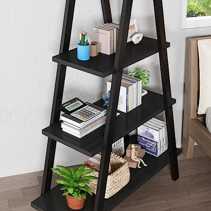 Recaceik 4-Tier A-Shaped Ladder Bookshelf, Industrial Wooden Bookcase with Metal Frame, Farmhouse Open Display Shelves for Living Room, Bedroom, Office - color: Black