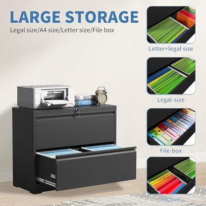 2 Drawer File Cabinet with Lock, Metal Lateral Filing Cabinets - color: Black, size: 2 Drawer_ 35"W
