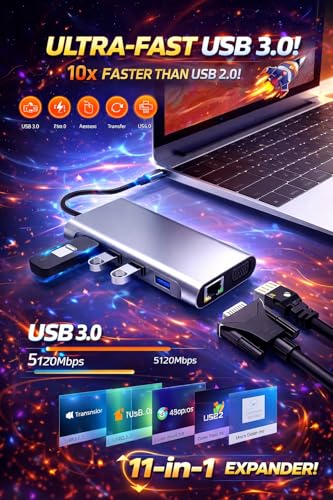 USB-C Hub 11-in-1 Multiport Docking Station with 4K HDMI, VGA, Ethernet, 100W PD, USB 3.0, SD/TF Card Reader & Audio Jack – USB-C Adapter for Laptop, MacBook, Windows & Chromebook