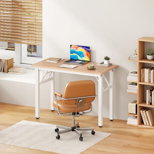 DlandHome 31.5 Inch Small Folding Computer Desk for Home Office, Pink Oak - color: Pink Oak + White, size: 31.5 Inches