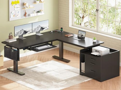 SEDETA L Shaped Electric Standing Desk with File Cabinet, 63 x 53'' Height Adjustable Home Office Computer Desk with Drawers, Power Outlet, Stand up Gaming Table with Led Lights, Keyboard Tray, Black - color: Black, size: 63 x 53'' L Shaped Standing Desk