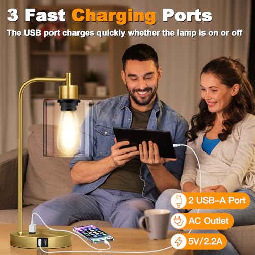Nintiue Industrial Touch Table Lamps Set of 2-2 USB Ports & AC Outlet Nightstand Lamps, 3-Way Dimmable Bedside Desk Lamp for Living Room Bedroom, Glass Shade & 2 LED Bulbs Included - Brass - color: Brass(2 pack) - Clear Glass-Touch Control