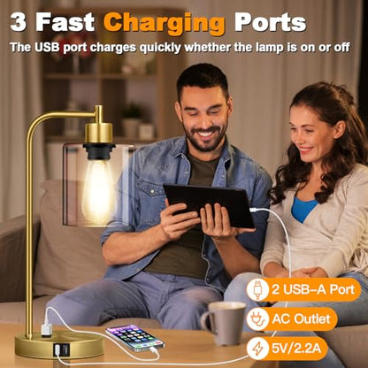 Nintiue Industrial Touch Table Lamps Set of 2-2 USB Ports & AC Outlet Nightstand Lamps, 3-Way Dimmable Bedside Desk Lamp for Living Room Bedroom, Glass Shade & 2 LED Bulbs Included - Brass - color: Brass(2 pack) - Clear Glass-Touch Control