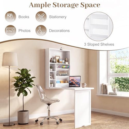 Tangkula Folding Wall Mounted Desk, Convertible Fold Out Floating Table with Storage Shelves, Space-Saving Drop Leaf Table, Murphy Desk for Craft, Study, Small Spaces, Home Office, Dorm, White - color: White