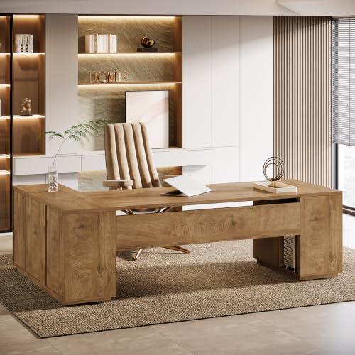 Tribesigns 85.8-Inch L-Shaped Executive Office Desk with File Drawers & Storage Cabinet, Professional Corner Computer Desk Extra Large Business Workstation with Adjustable Shelves, Light Brown - color: Light Brown