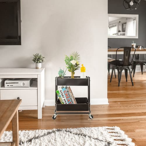 Melody House 2-Tier Metal Utility Rolling Cart Storage Organizer with Cover Board Mobile Trolley Sofa Side Table with Wheels for Office Home Kitchen Organization Black - color: A- Black