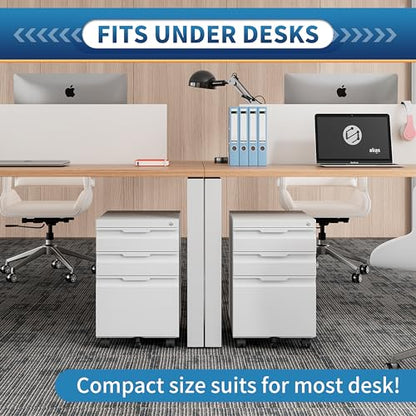 Locking File Cabinet 3 Drawers on Wheels Under Desk, Metal Filing Cabinets for Home Office, A4, Letter-Size Files, Hanging File Folders-White - color: White, size: 3 Drawer-on wheels