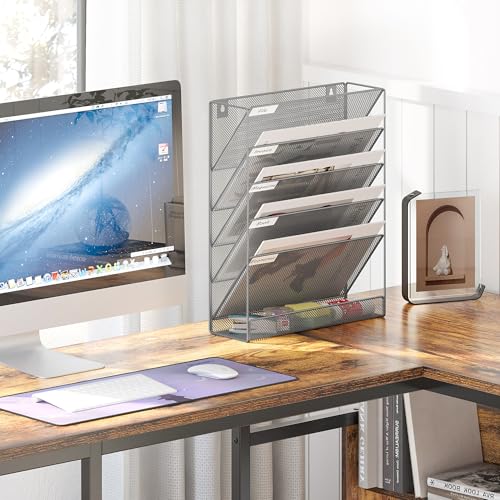 EasyPAG 5 Tier Wall File Holder, Mesh Hanging Folder Organizer with Classify Label, Versatile Desk File Holder, Vertical Wall Mounted Mail Organizer for Office Home Cubicle, Silver - color: Silver