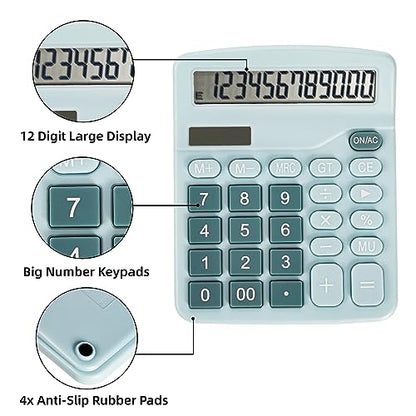 Noamus 4 Pack Handheld Desktop Calculators, Solar Battery Dual Power Basic Calculator 12 Digit Large Display, Standard Functional Desk Calculator Big Sensitive Button for Office Home School Pink Blue