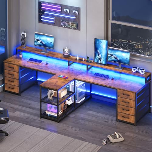 SEDETA 95" 2 Person Gaming Desk with 8 Drawers Storage Shelves,Rustic Brown | Double T Shaped Office Desk with LED Lights, Power Strip with USB & Monitor Stand for Home Office, Bedroom - color: Rustic Brown