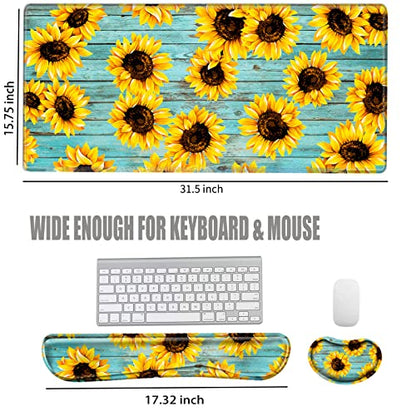 Gaming Mouse Pad Sunflower Desk Mat Large Mousepad and Keyborad Wrist Support Computer Mat for Wrist Rest XXL Desk Pad 3 in 1 Mouse Mat Non-Slip Rubber Base - color: Sunflower Teal