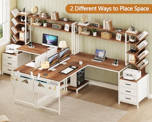 63" L Shaped Desk with Bookshelf, Drawers and Hutch for Home Office - color: Brown and White, size: 63" L Shaped Desk