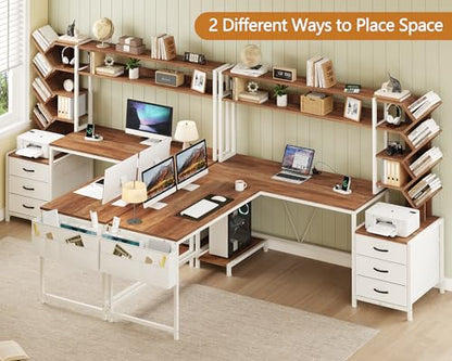 63" L Shaped Desk with Bookshelf, Drawers and Hutch for Home Office - color: Brown and White, size: 63" L Shaped Desk